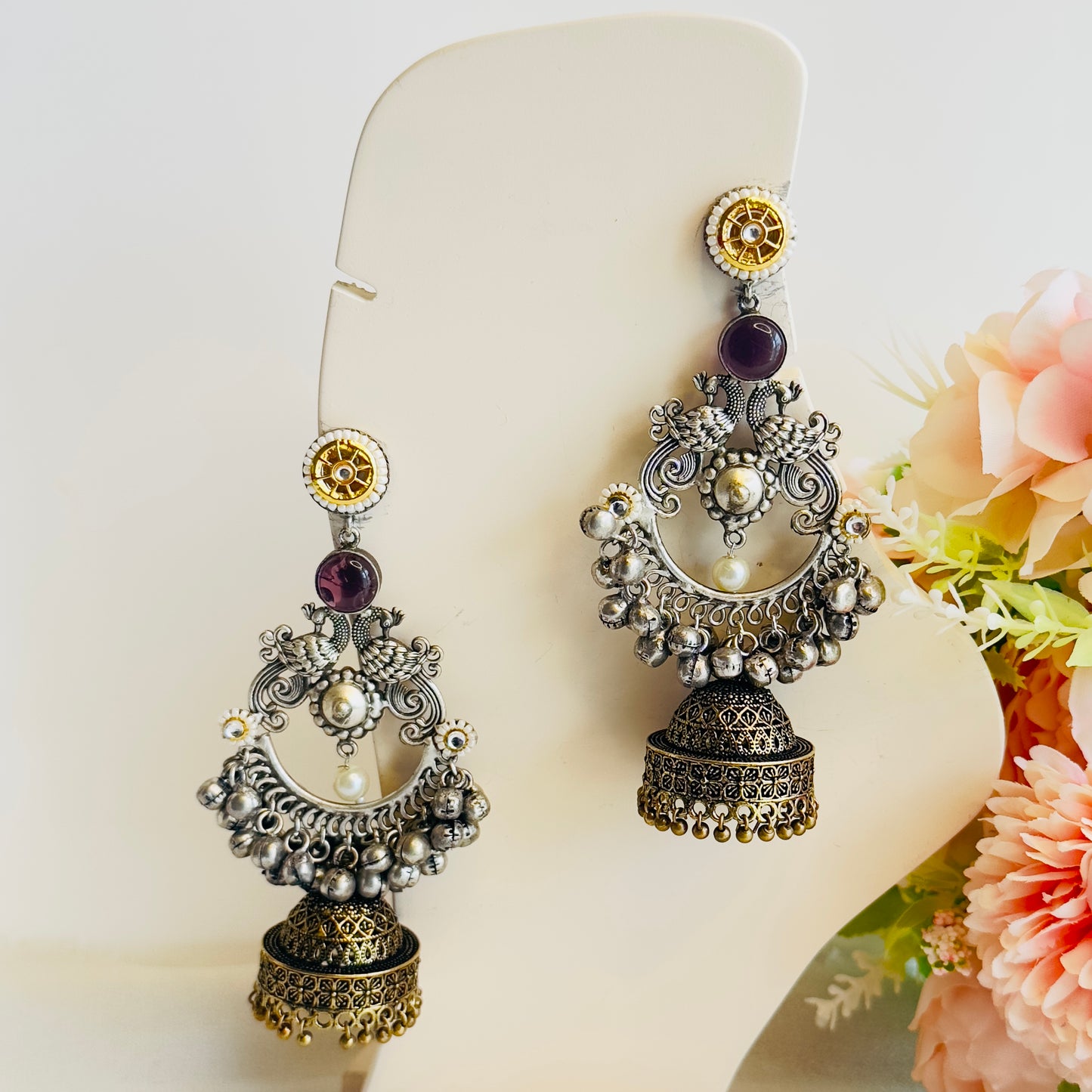 Silver Replica Chandbaali peacock Earrings