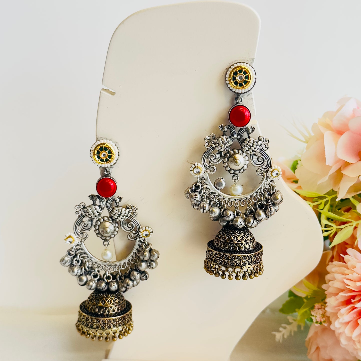 Silver Replica Chandbaali peacock Earrings
