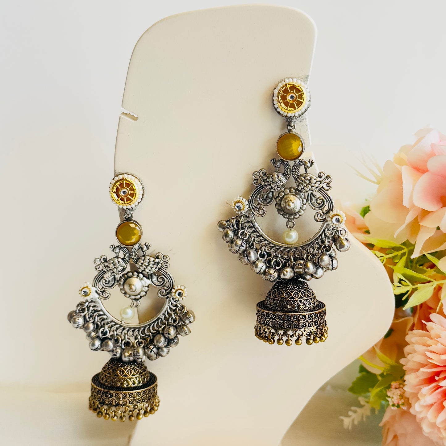 Silver Replica Chandbaali peacock Earrings