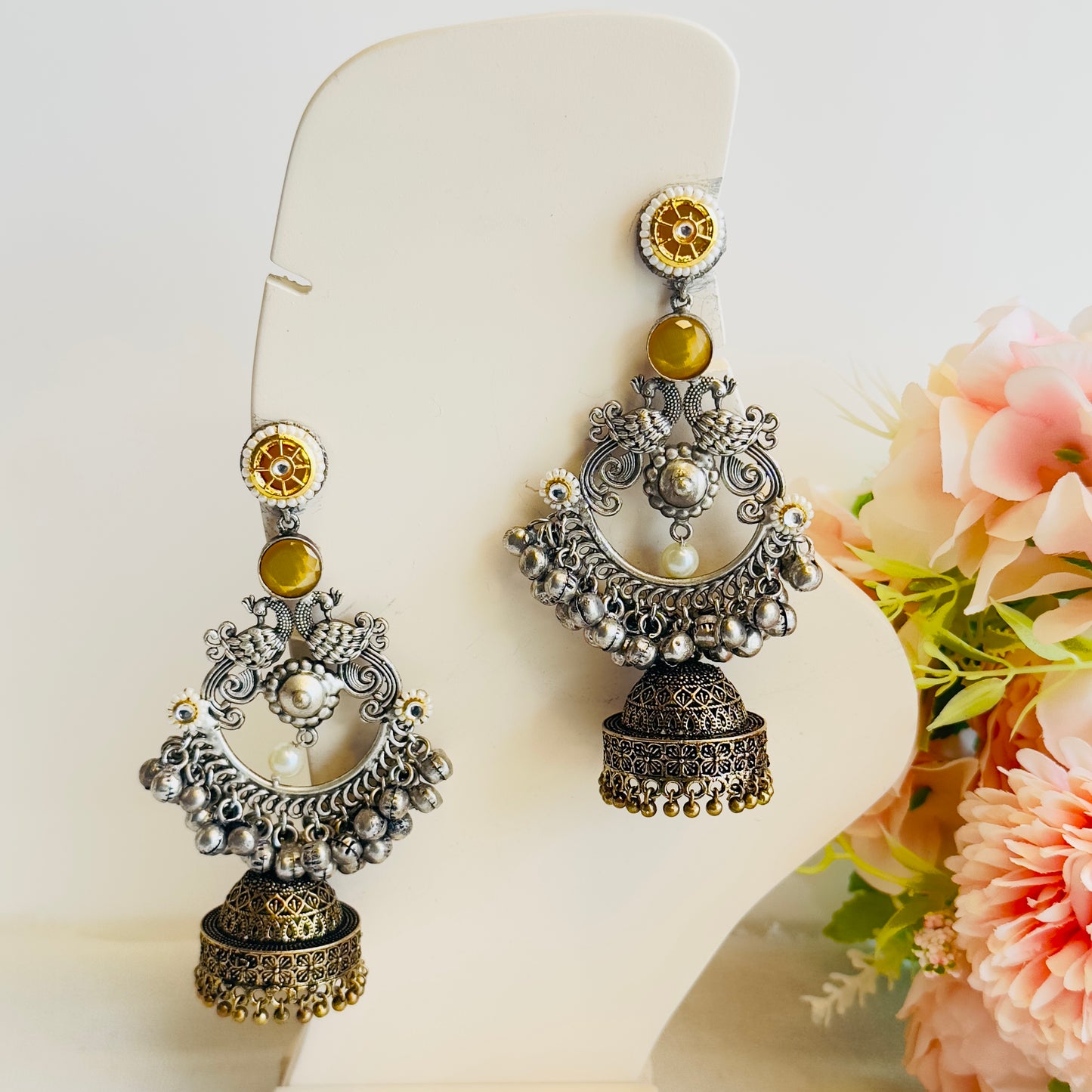 Silver Replica Chandbaali peacock Earrings