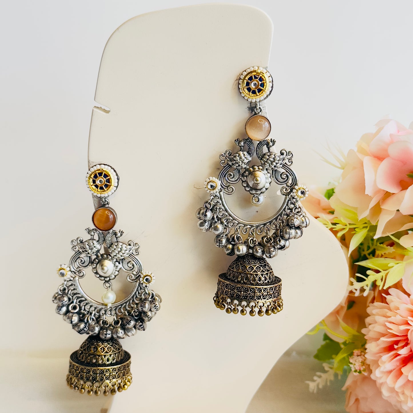 Silver Replica Chandbaali peacock Earrings