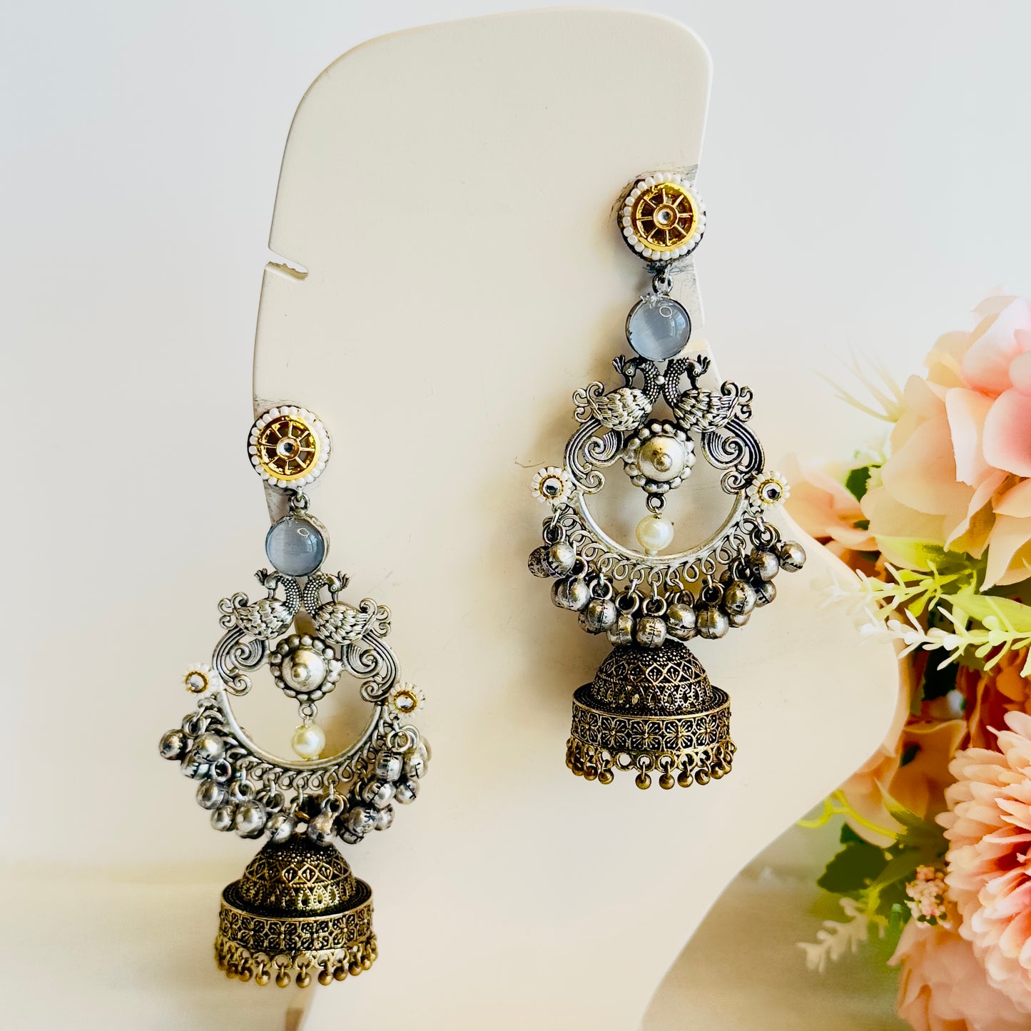 Silver Replica Chandbaali peacock Earrings