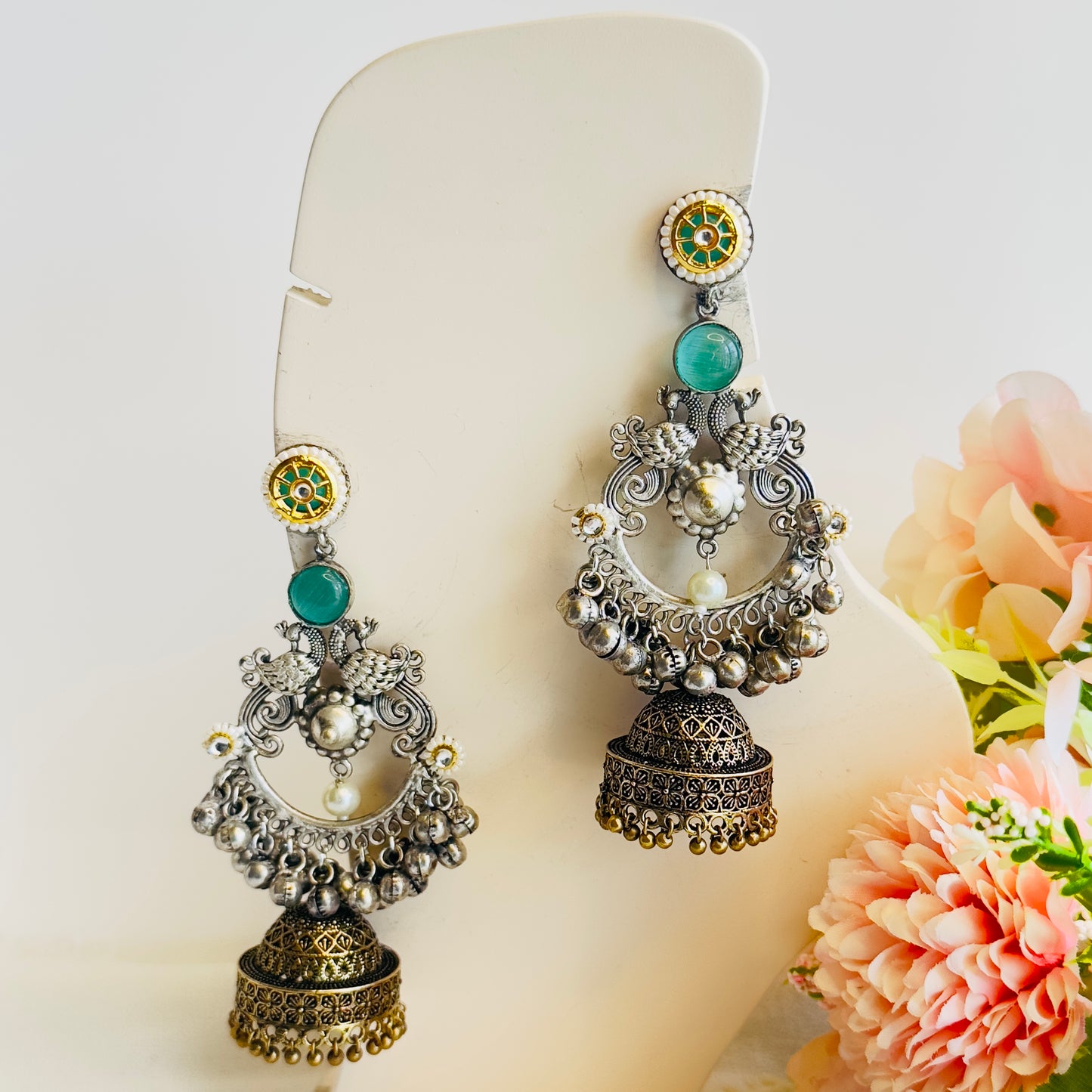 Silver Replica Chandbaali peacock Earrings