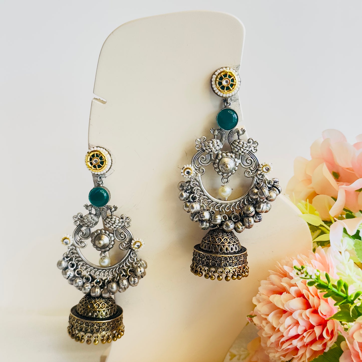 Silver Replica Chandbaali peacock Earrings