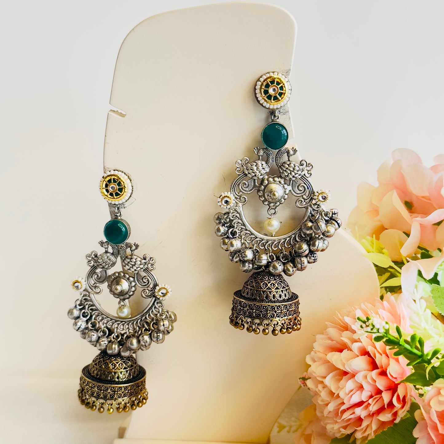 Silver Replica Chandbaali peacock Earrings