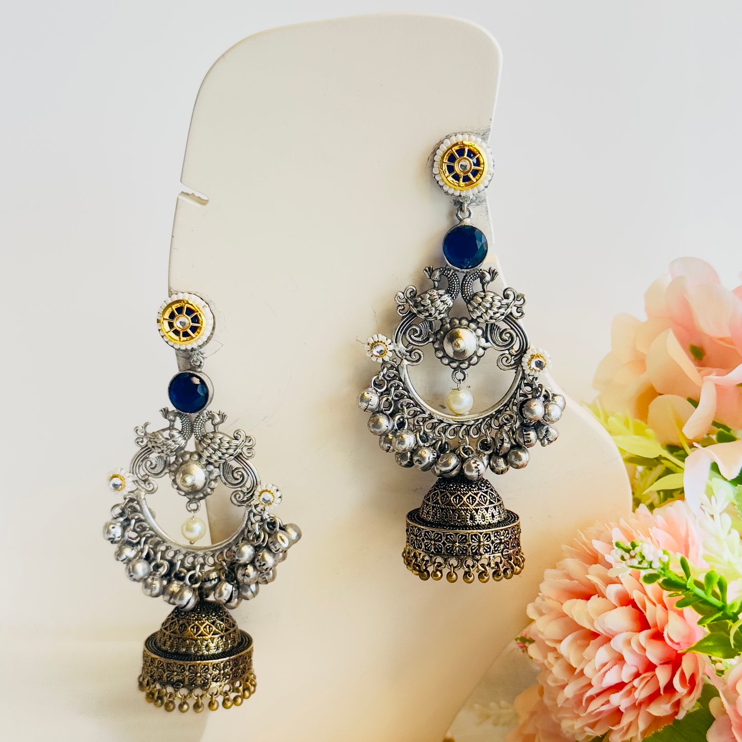 Silver Replica Chandbaali peacock Earrings