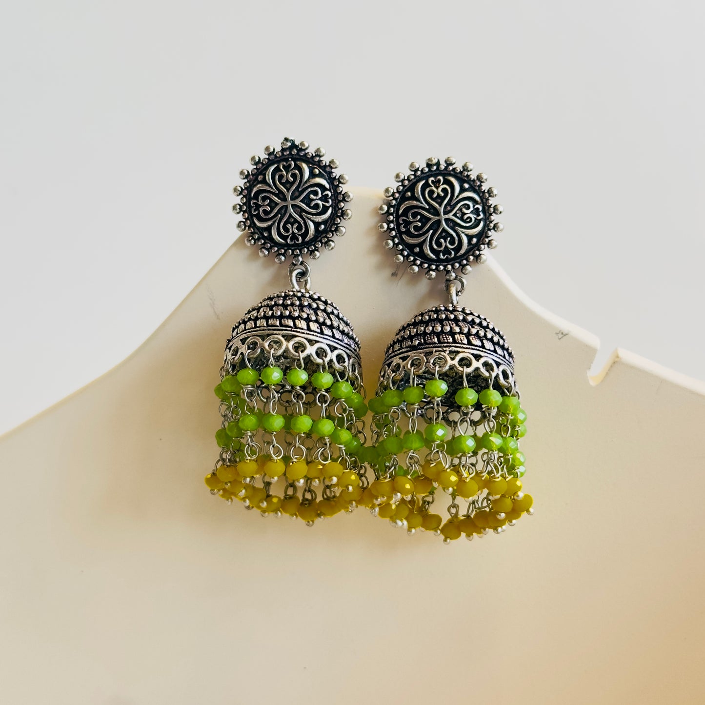 Silver Tone Yellow Green Jhumka Earrings