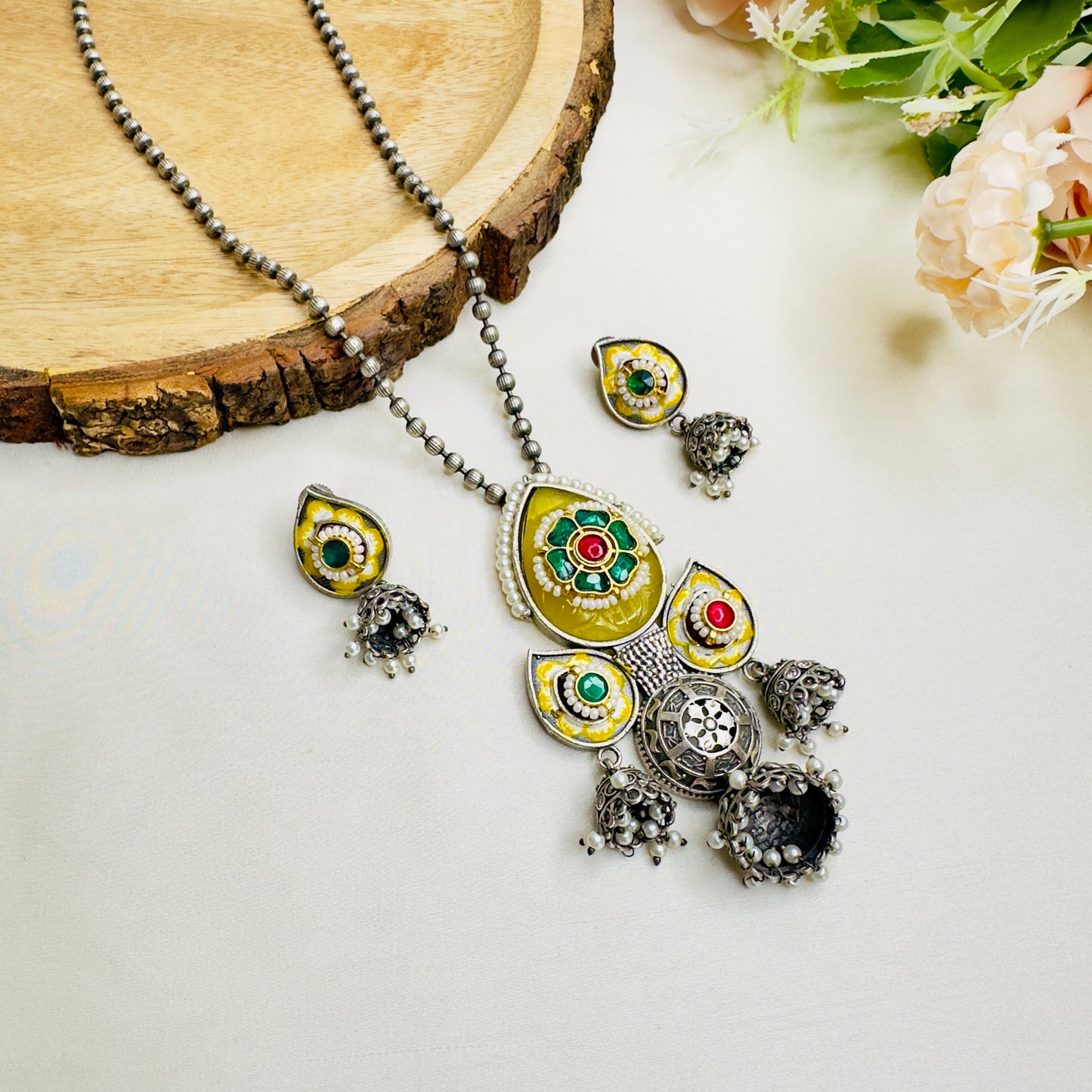 Three Silver Jhumki Necklace set
