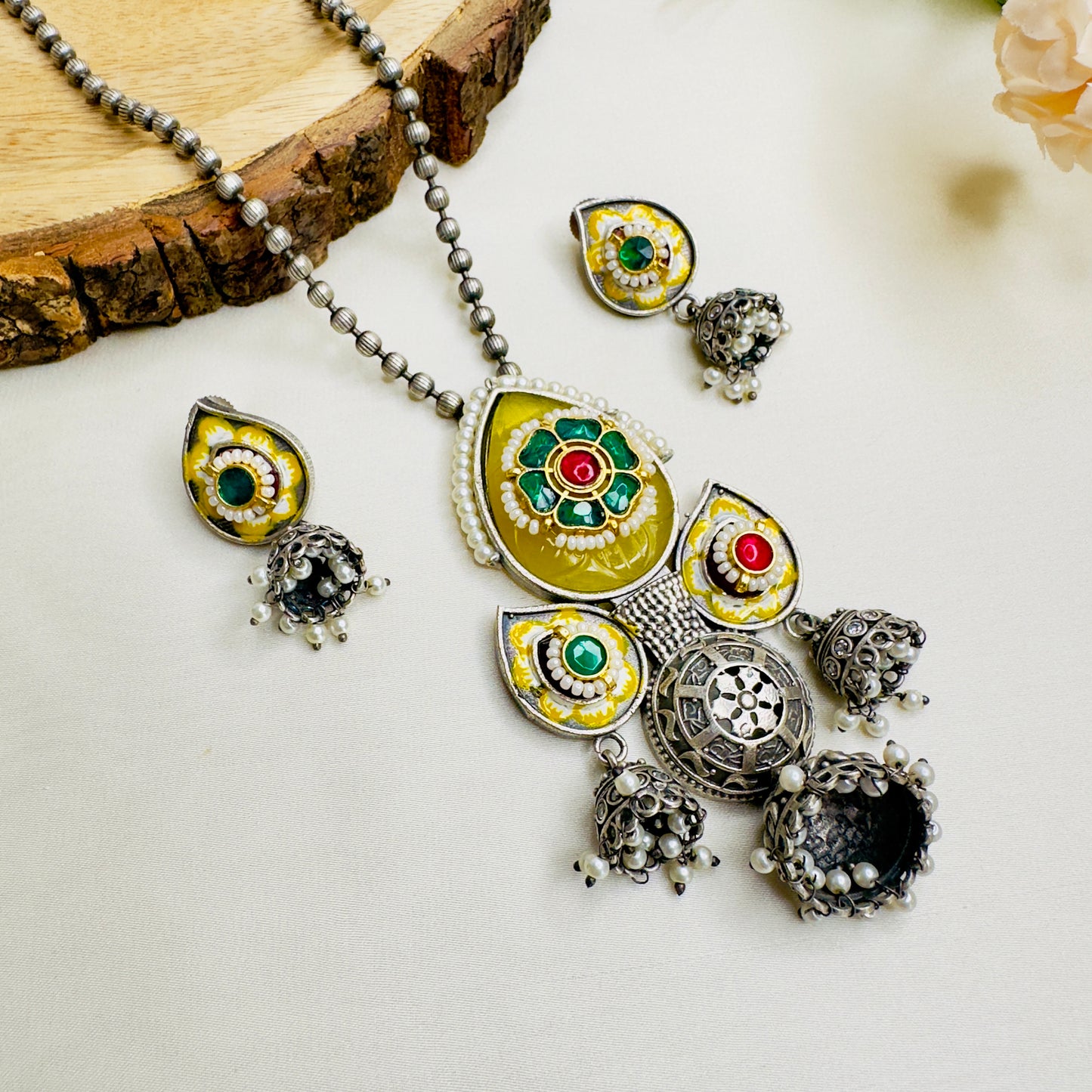 Three Silver Jhumki Necklace set