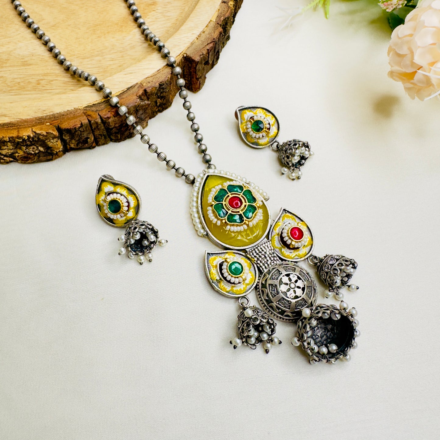 Three Silver Jhumki Necklace set