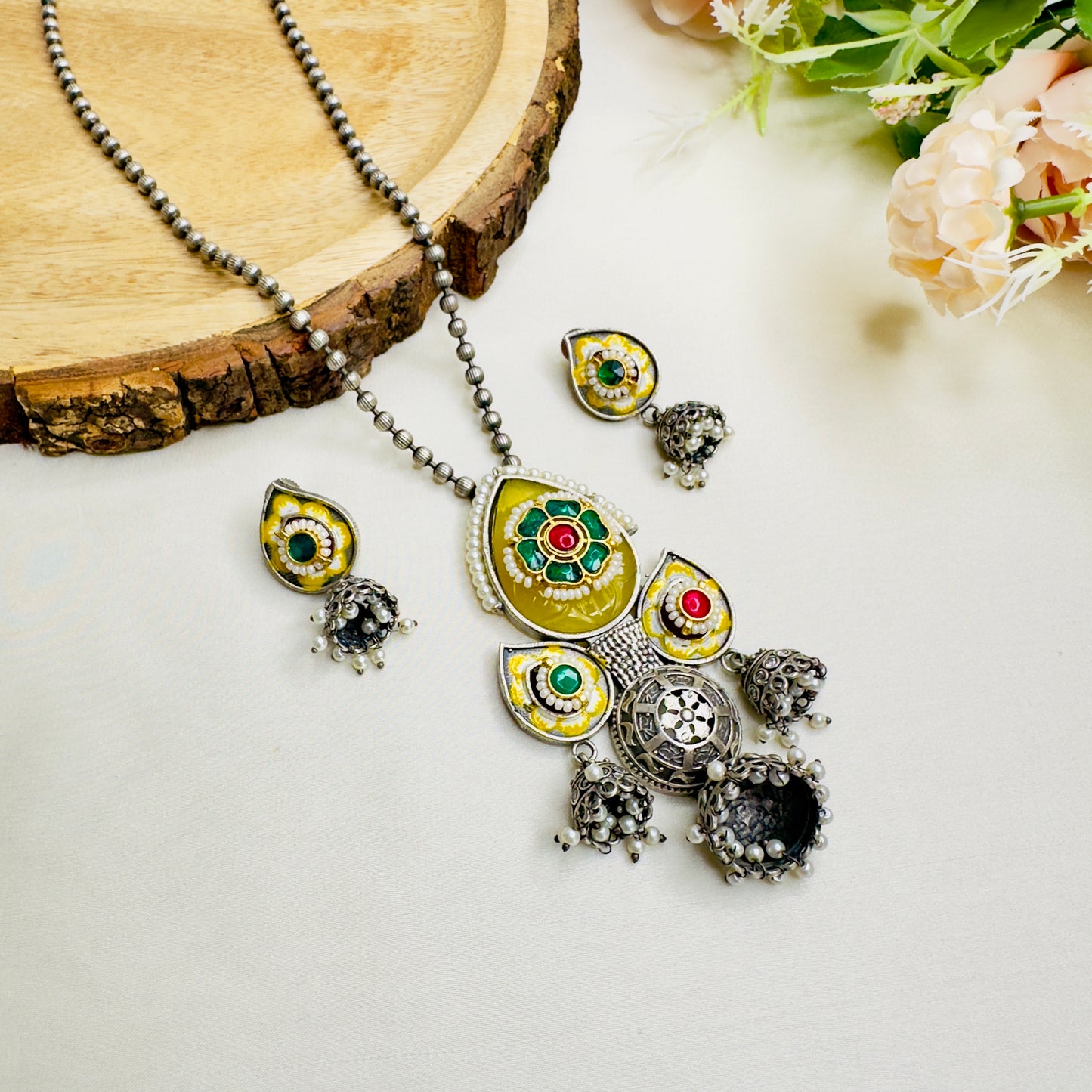 Three Silver Jhumki Necklace set