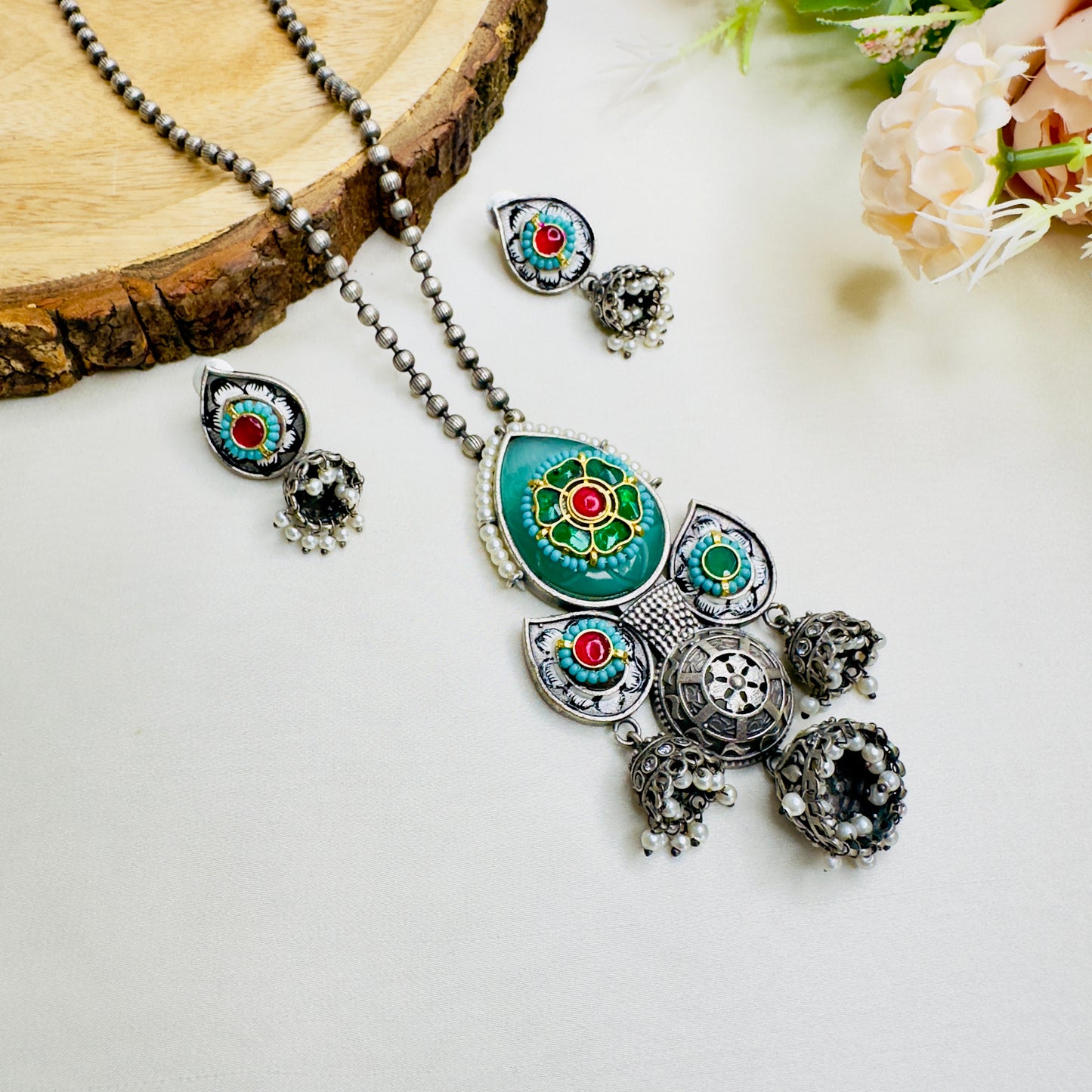 Three Silver Jhumki Necklace set