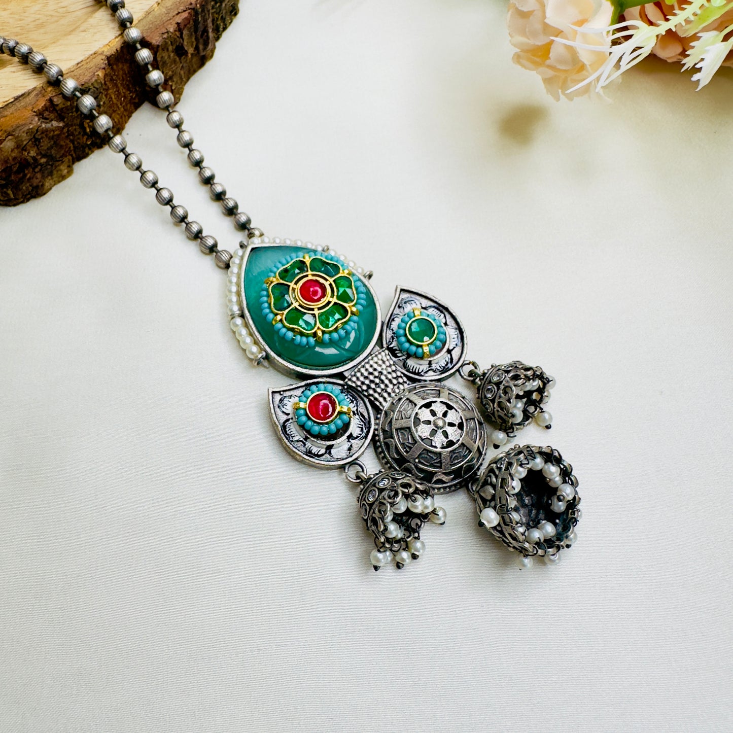 Three Silver Jhumki Necklace set