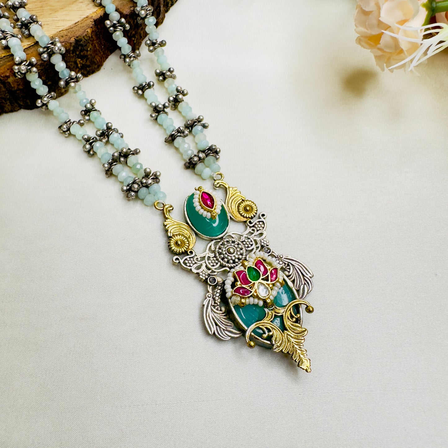 Pachi Kundan mid length Silver Replica Necklace set