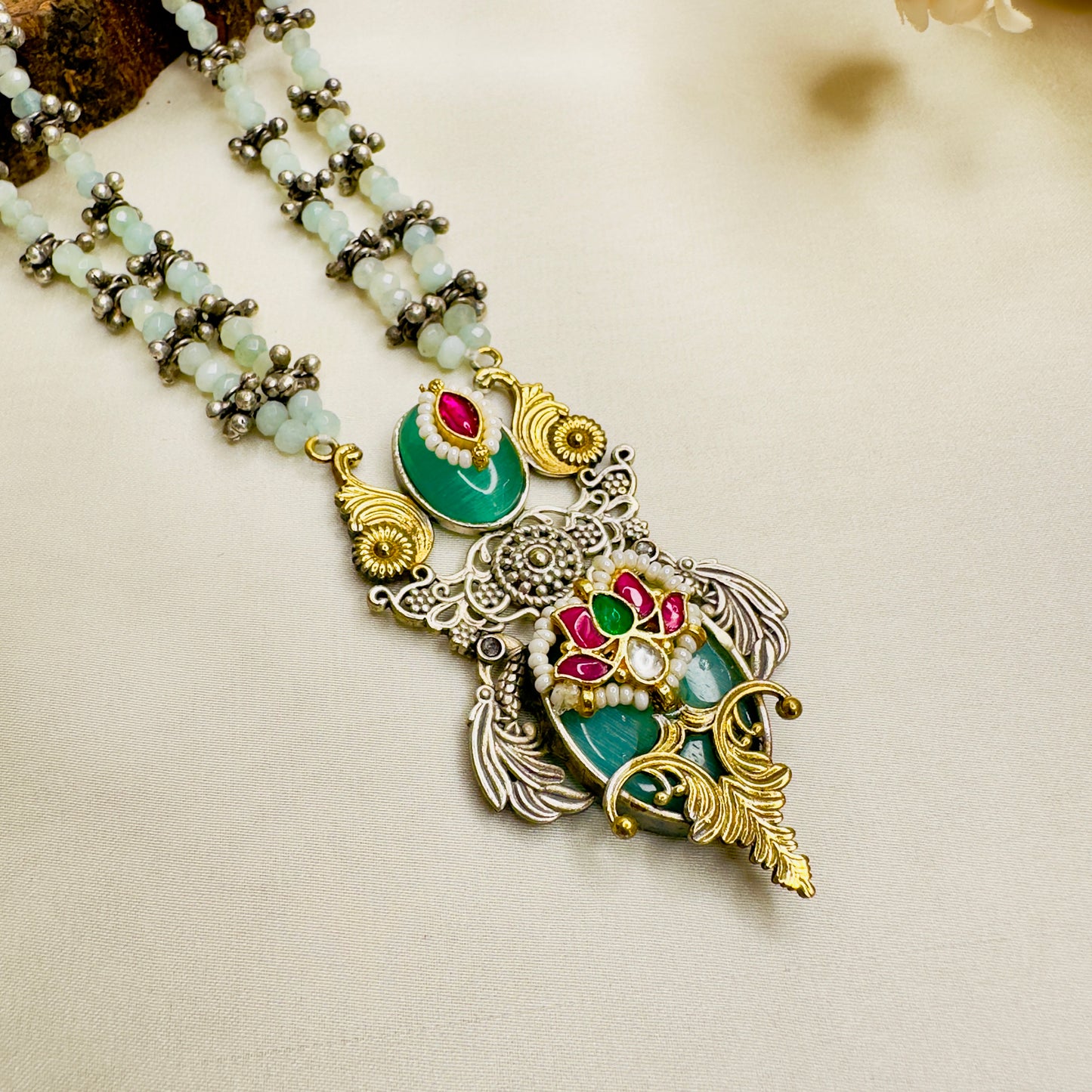Pachi Kundan mid length Silver Replica Necklace set