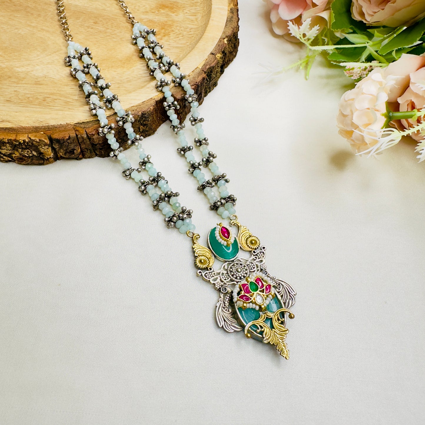 Pachi Kundan mid length Silver Replica Necklace set