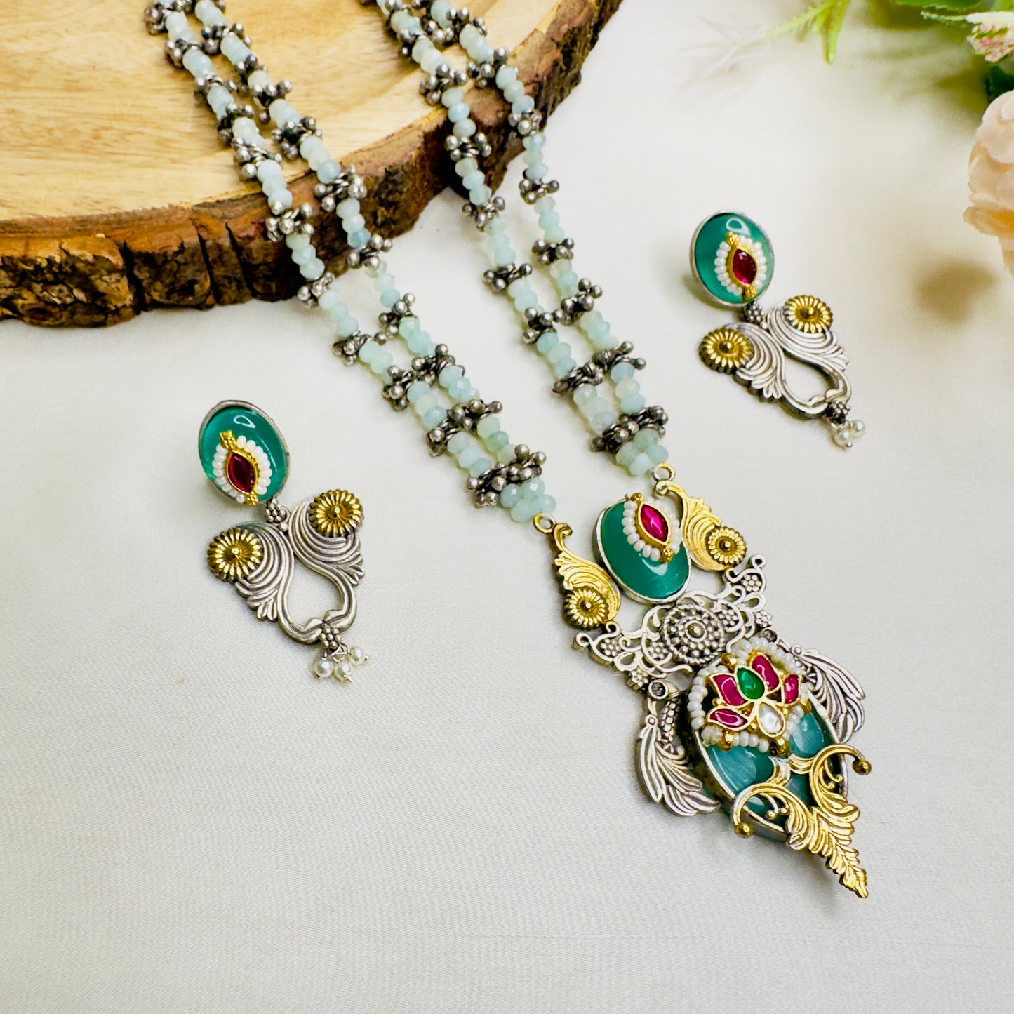 Pachi Kundan mid length Silver Replica Necklace set