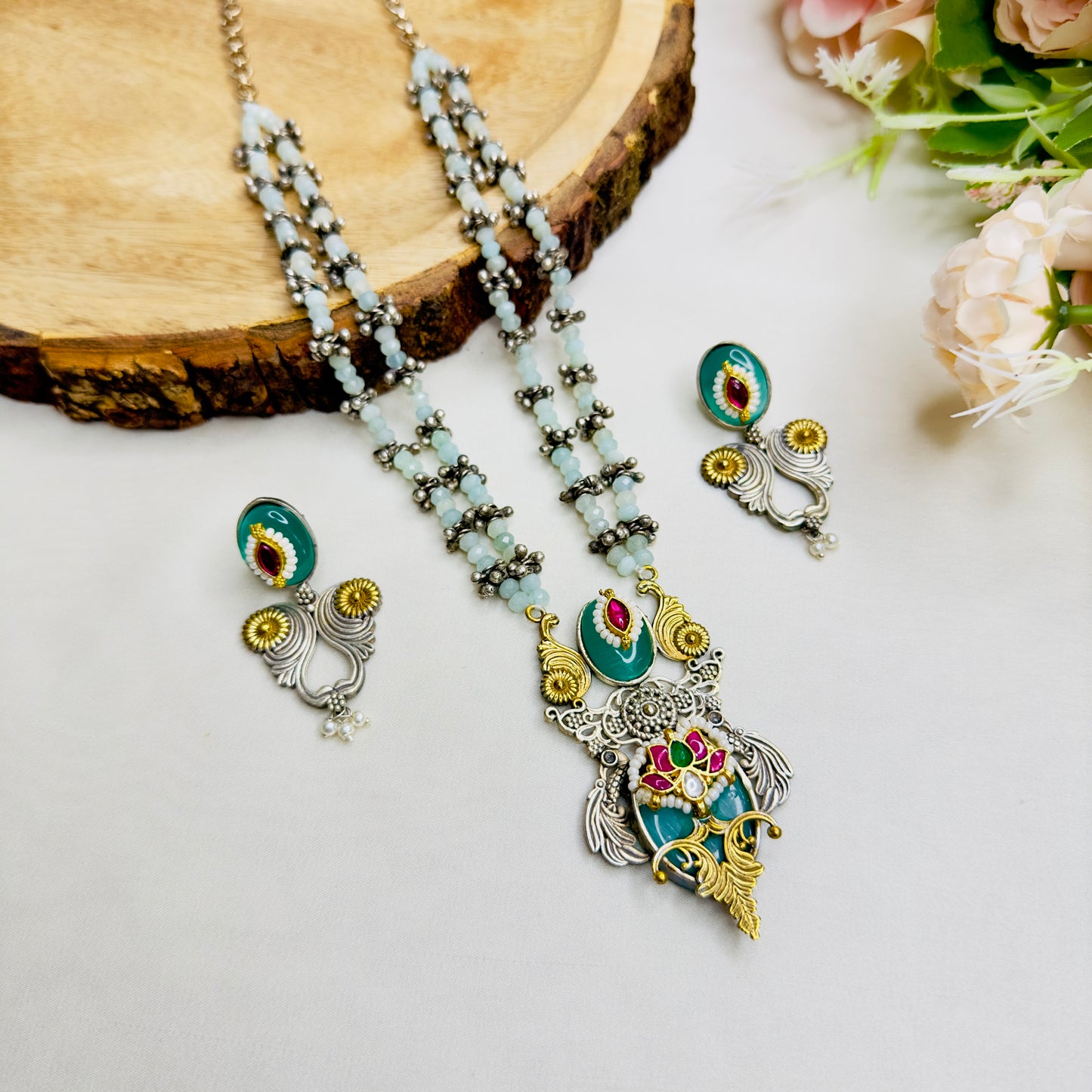 Pachi Kundan mid length Silver Replica Necklace set