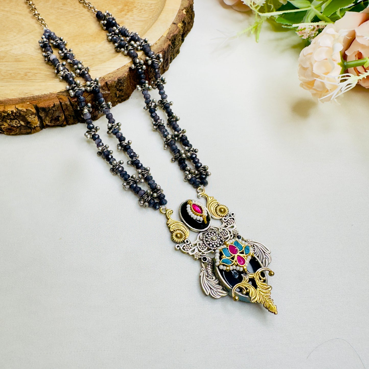 Pachi Kundan mid length Silver Replica Necklace set