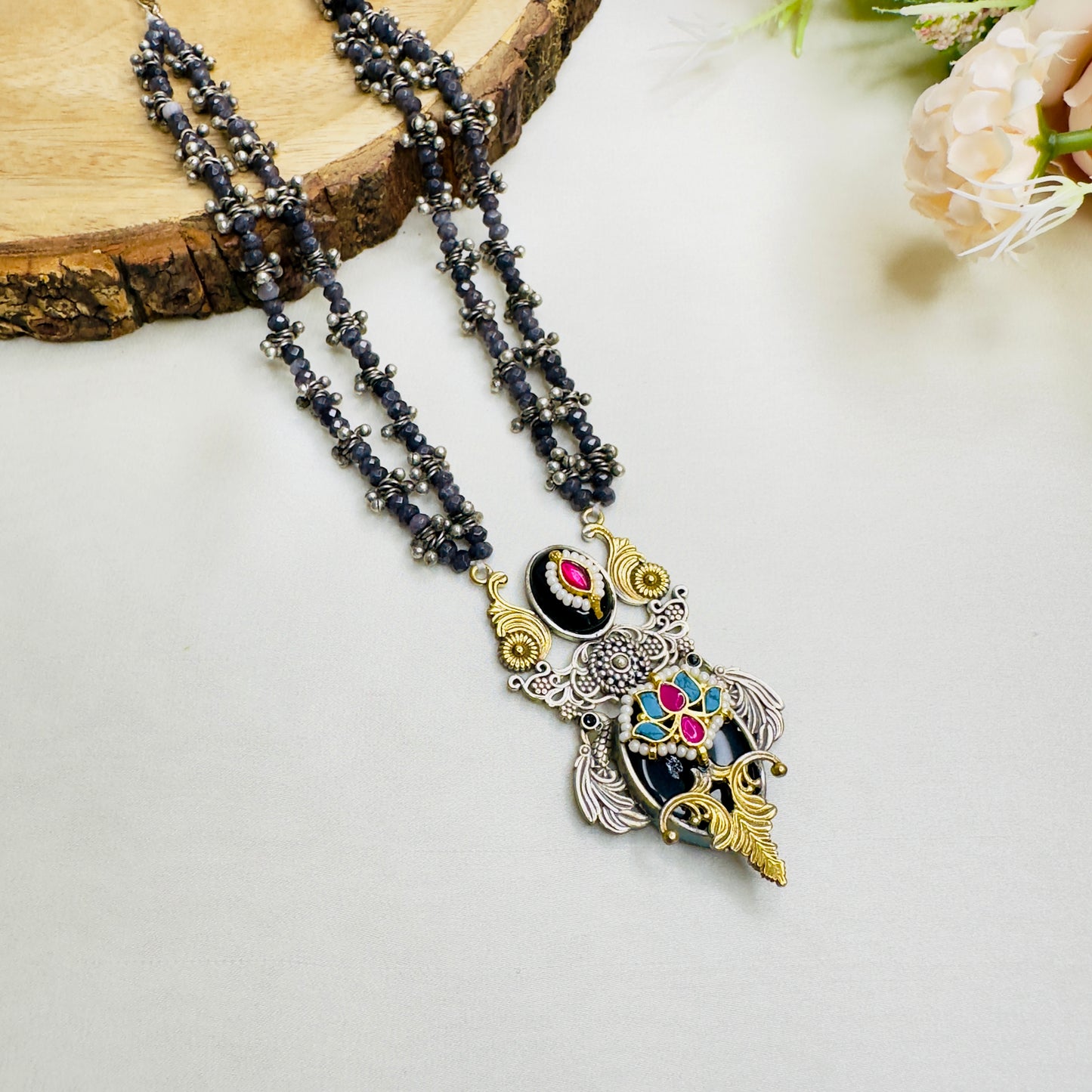 Pachi Kundan mid length Silver Replica Necklace set