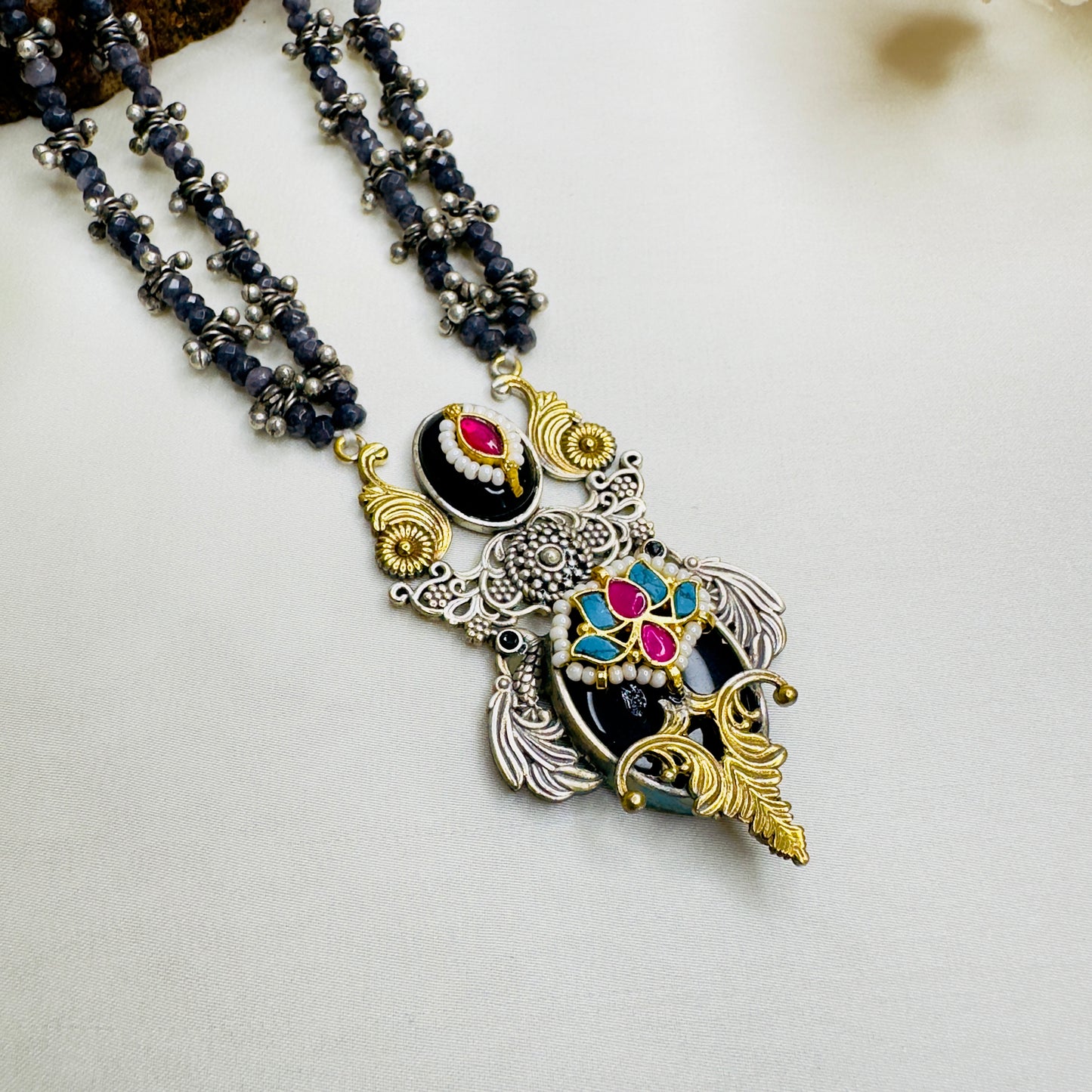 Pachi Kundan mid length Silver Replica Necklace set
