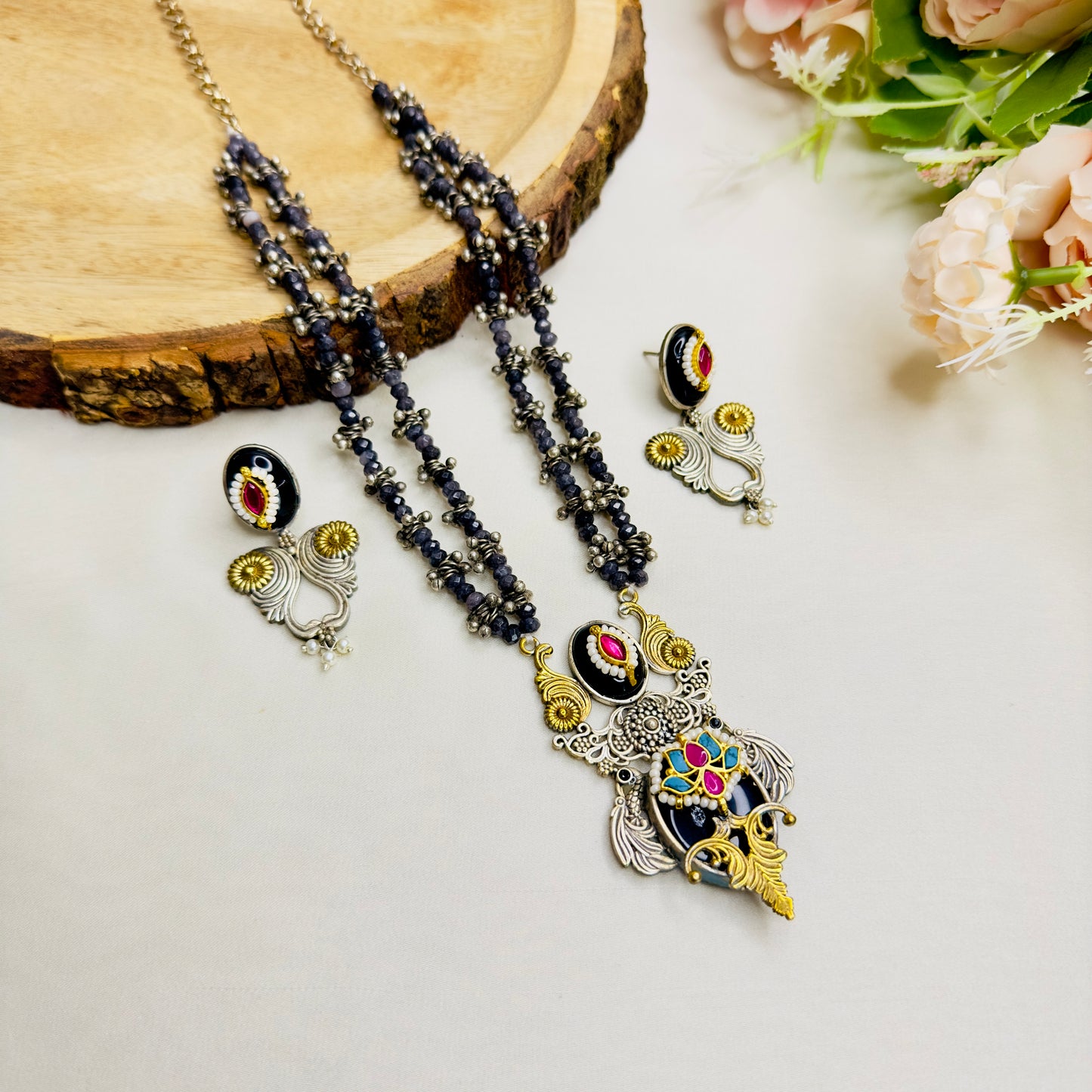 Pachi Kundan mid length Silver Replica Necklace set