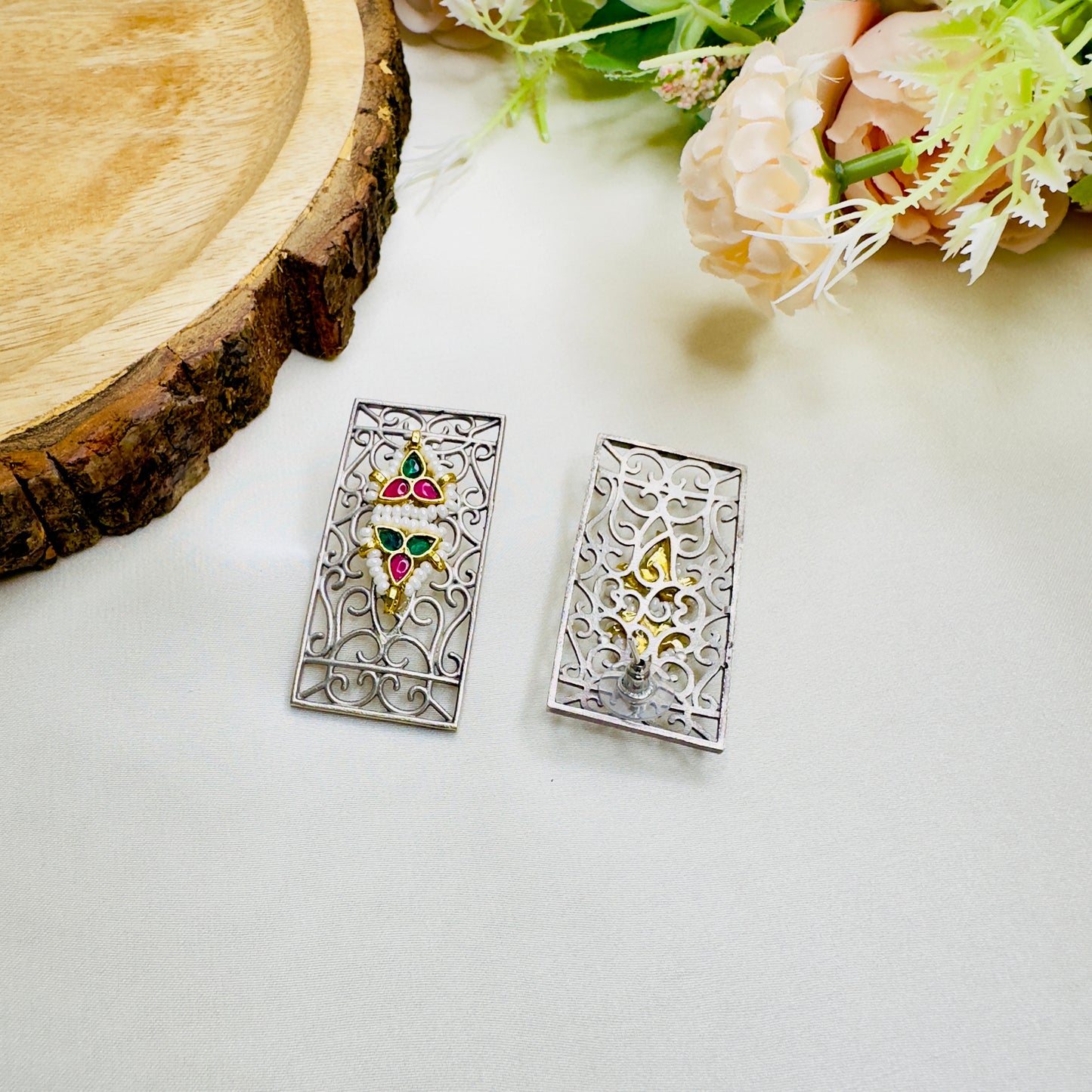 Pachi Kundan Silver Replica Stud Earrings