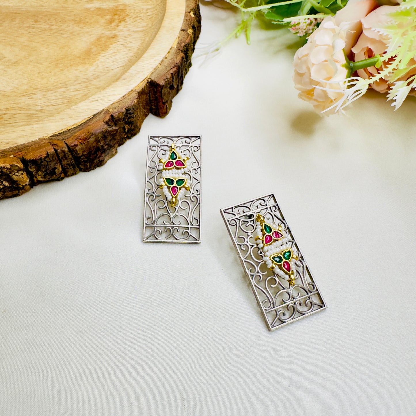 Pachi Kundan Silver Replica Stud Earrings