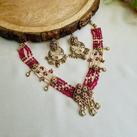 Pink Rajwadi Necklace with Chand Bali Earrings