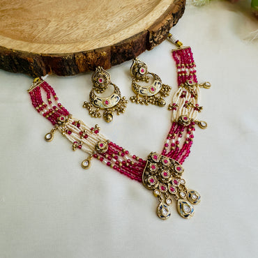 Pink Rajwadi Necklace with Chand Bali Earrings