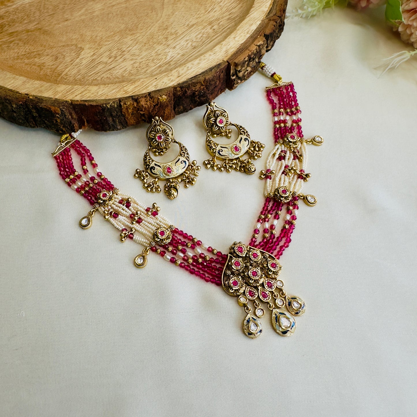 Pink Rajwadi Necklace with Chand Bali Earrings
