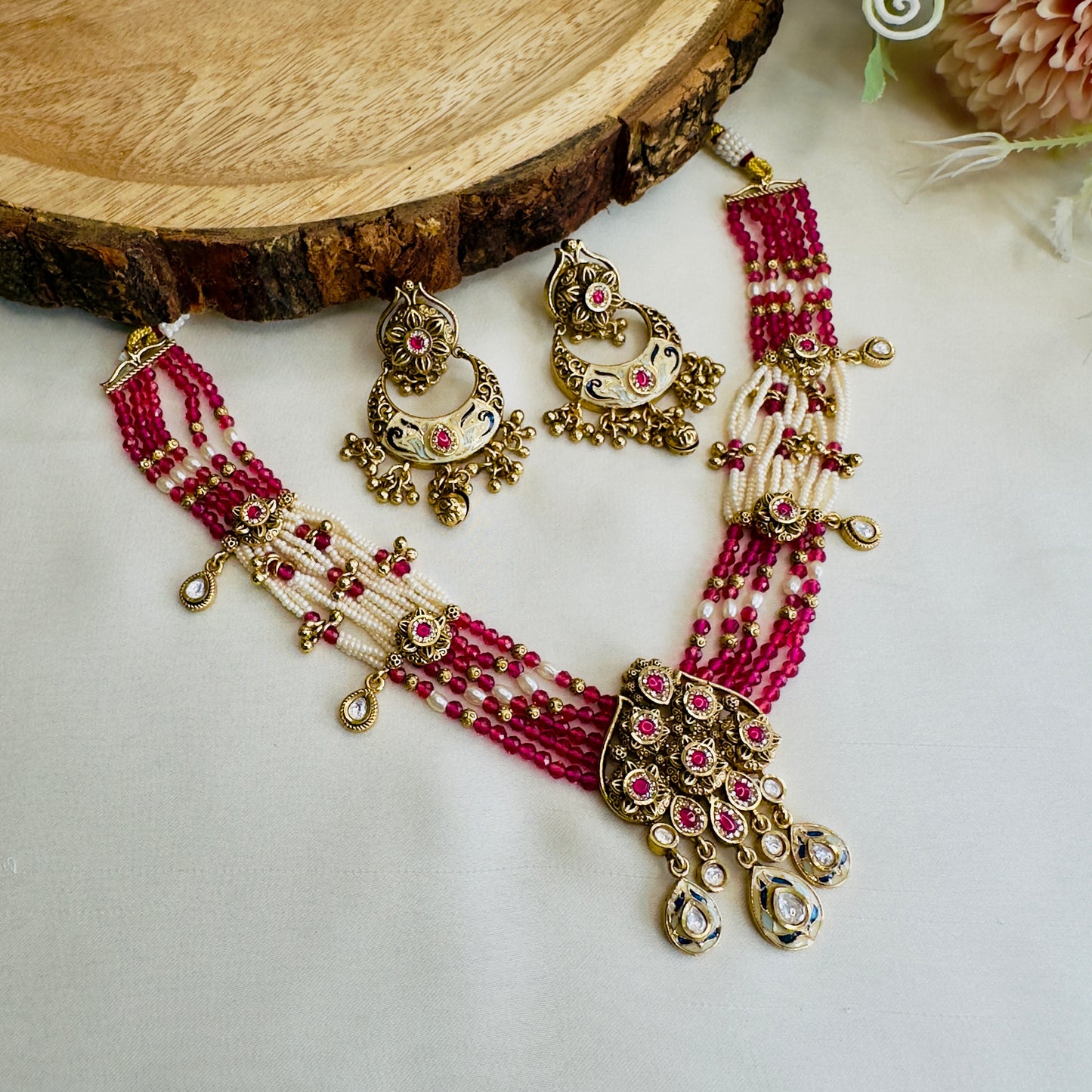 Pink Rajwadi Necklace with Chand Bali Earrings