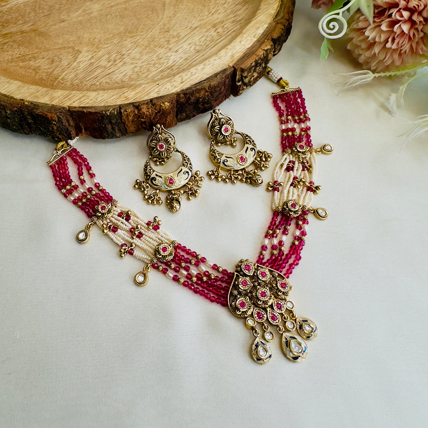 Pink Rajwadi Necklace with Chand Bali Earrings