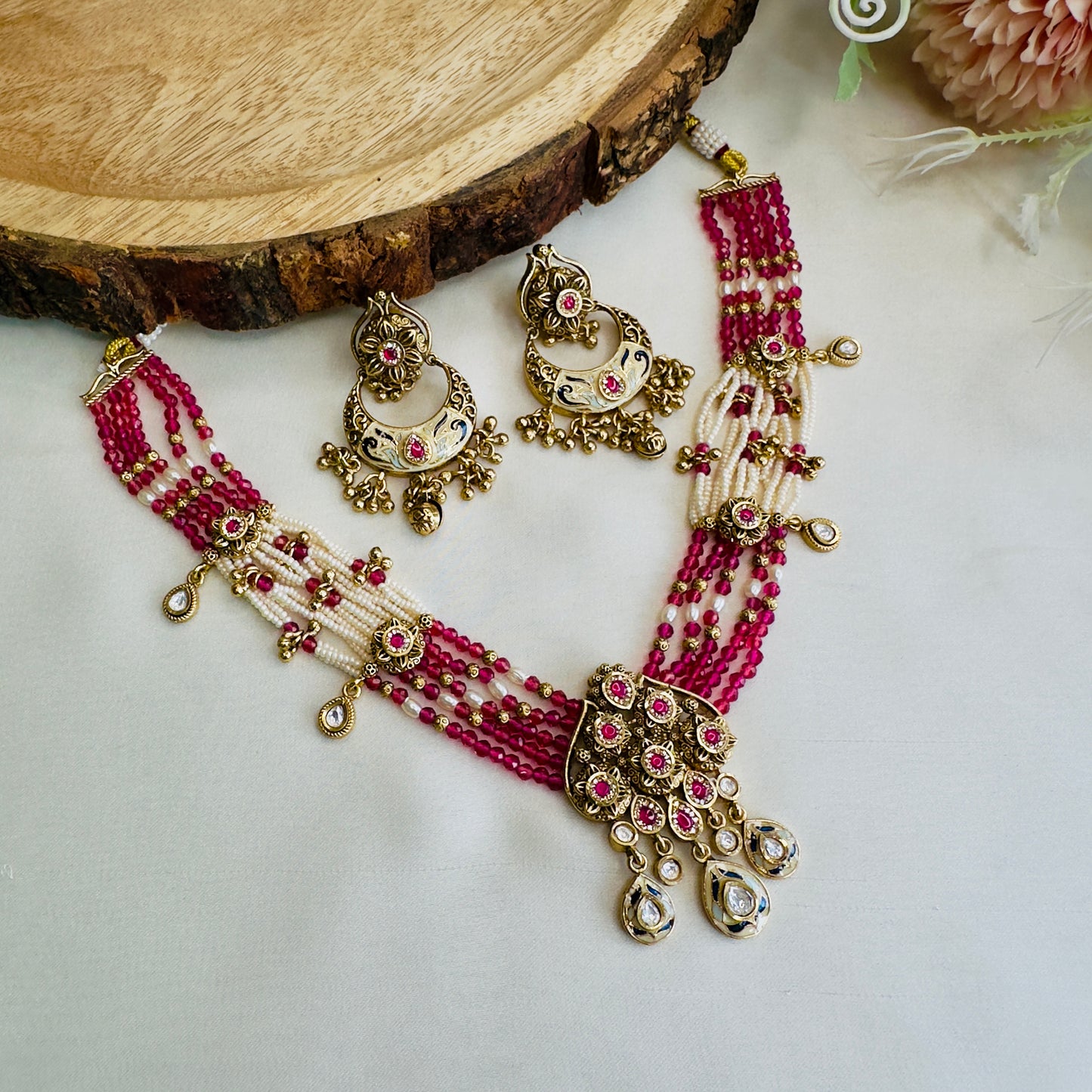 Pink Rajwadi Necklace with Chand Bali Earrings