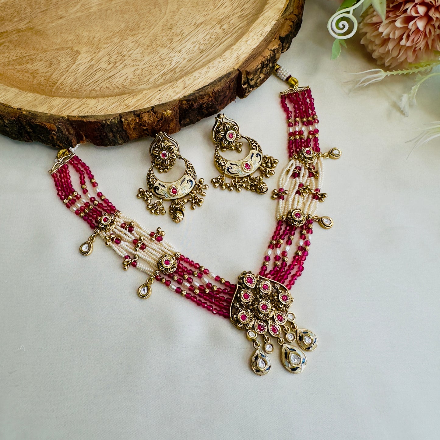 Pink Rajwadi Necklace with Chand Bali Earrings
