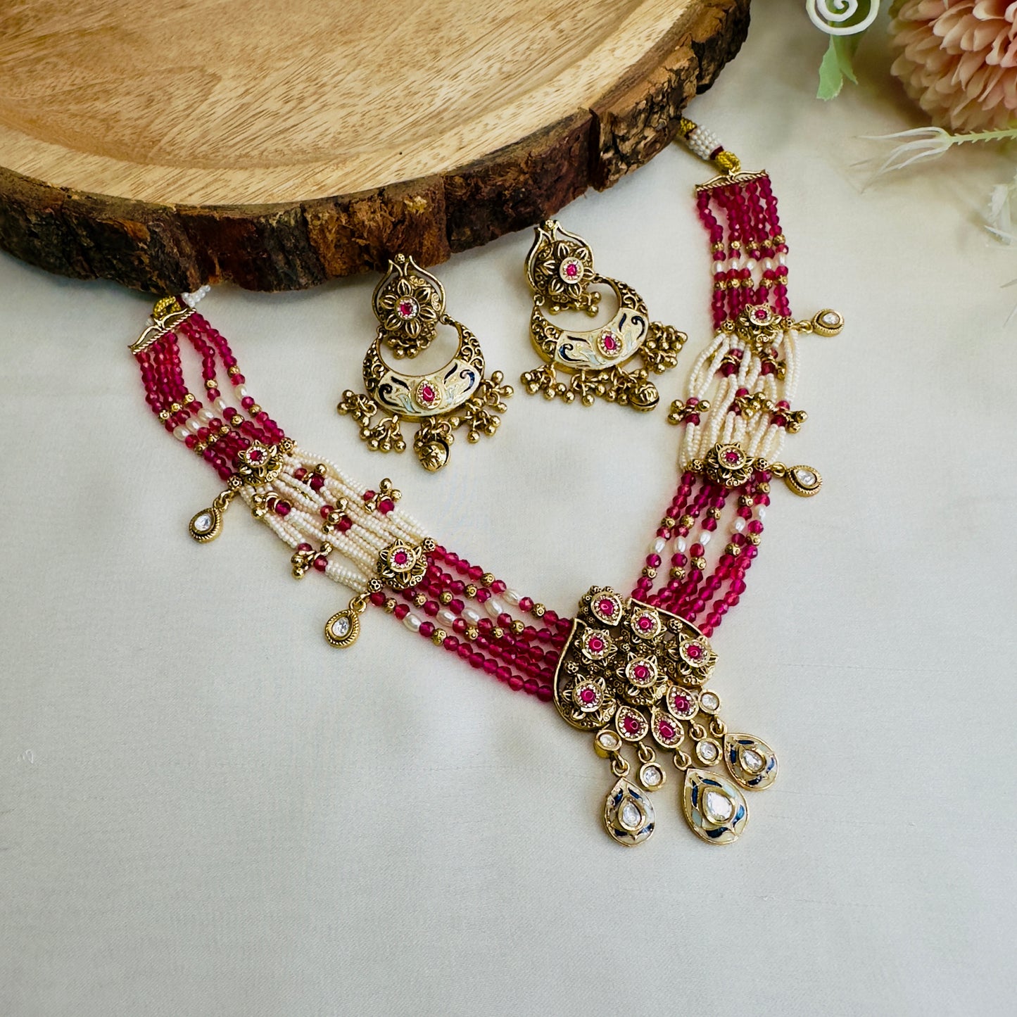 Pink Rajwadi Necklace with Chand Bali Earrings