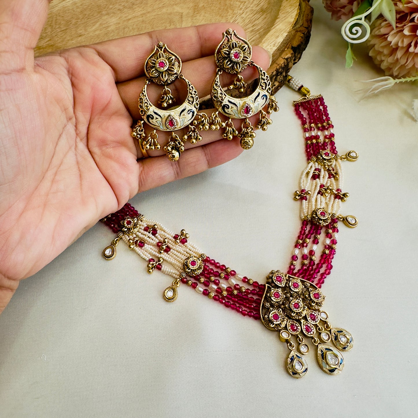 Pink Rajwadi Necklace with Chand Bali Earrings