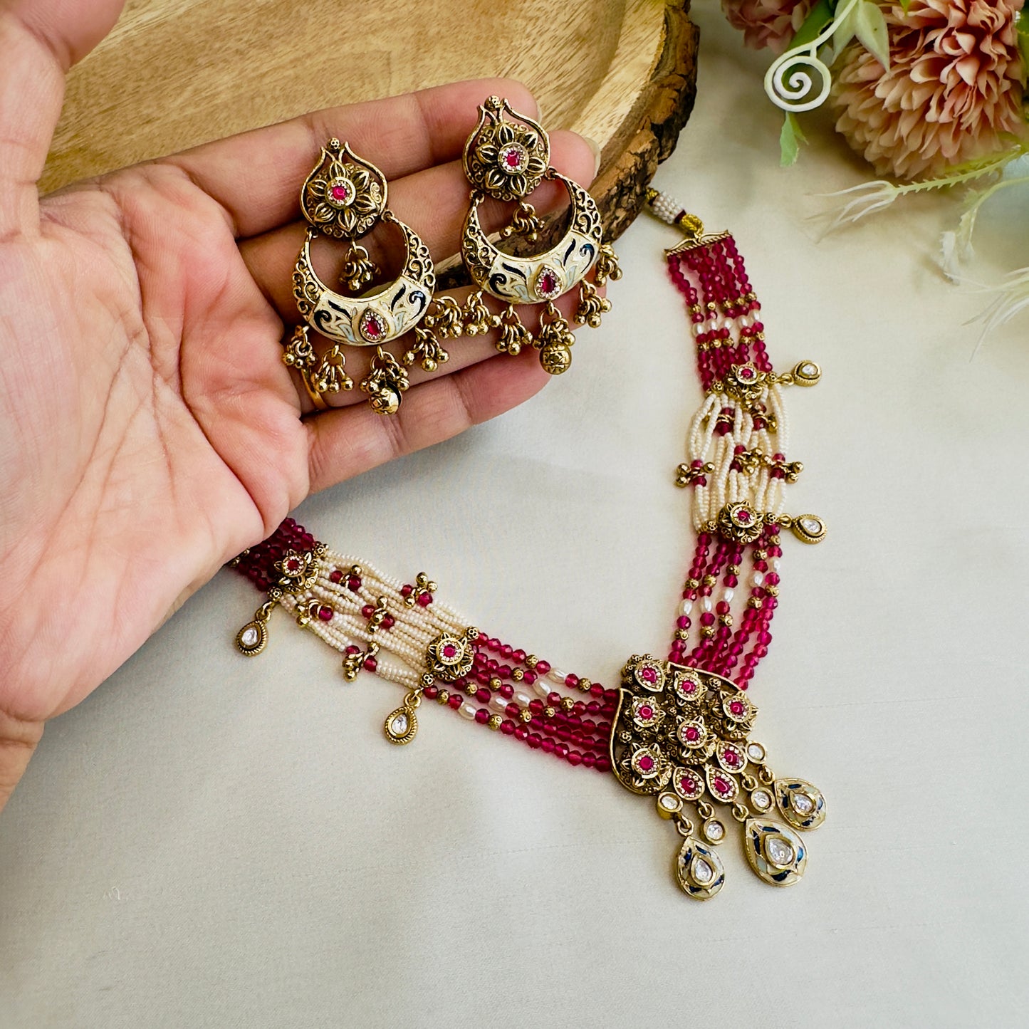 Pink Rajwadi Necklace with Chand Bali Earrings