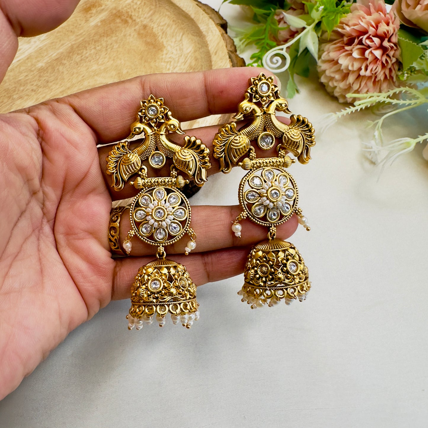 Peacock Design Rajwadi Polish Jhumki Earrings