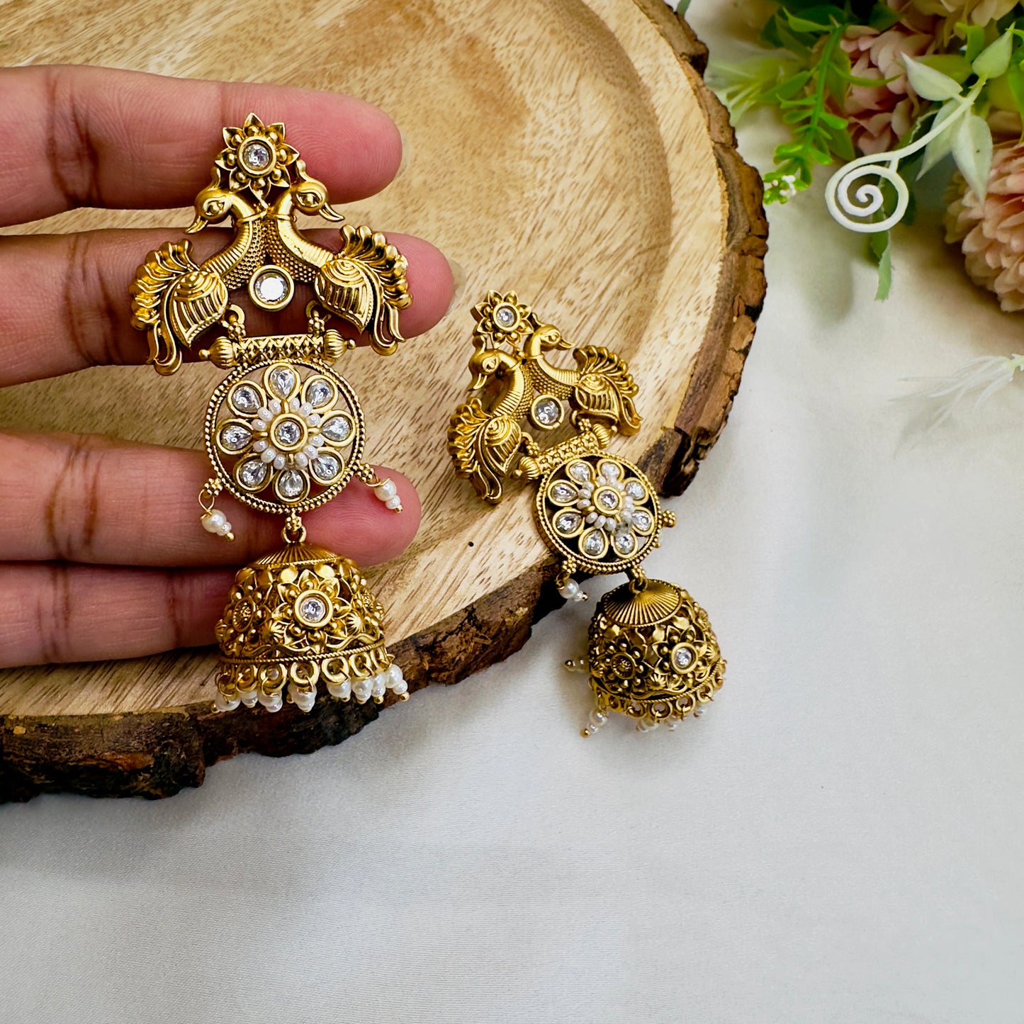 Peacock Design Rajwadi Polish Jhumki Earrings