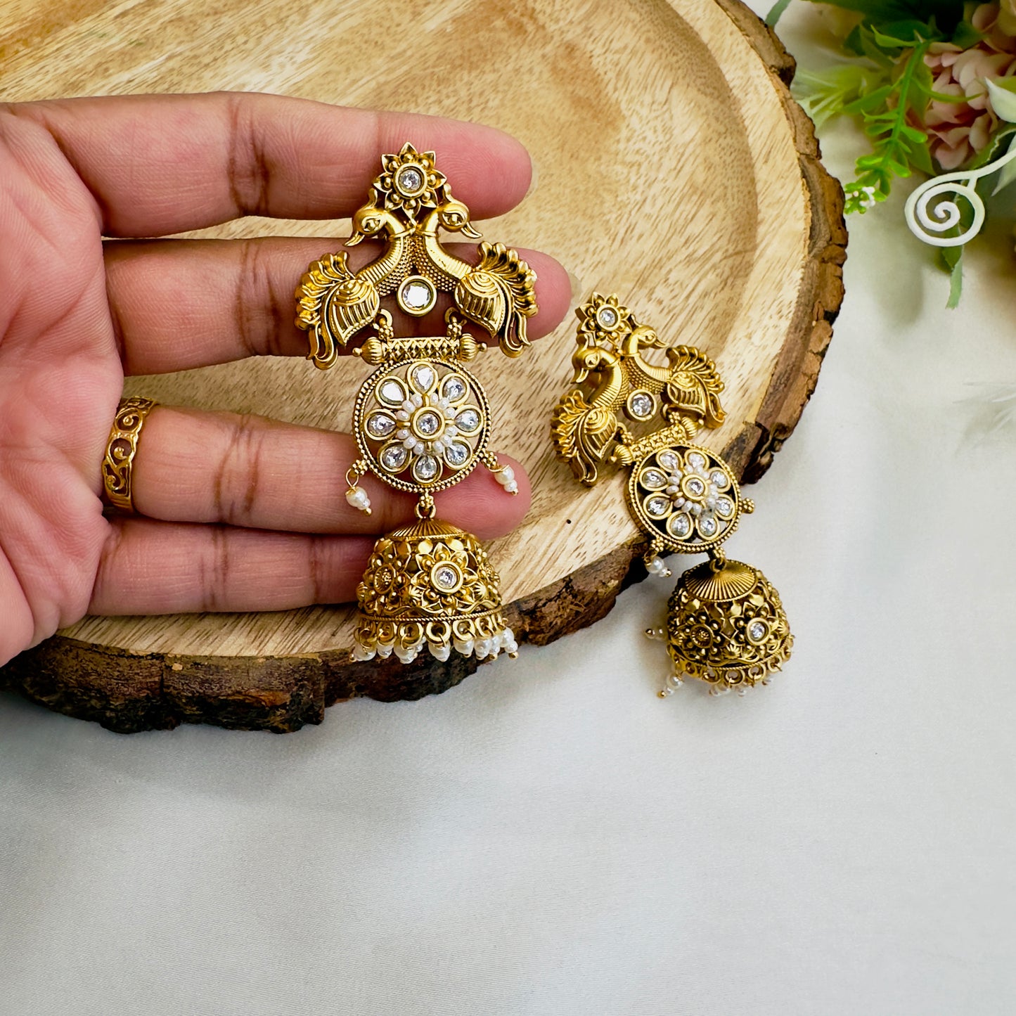 Peacock Design Rajwadi Polish Jhumki Earrings