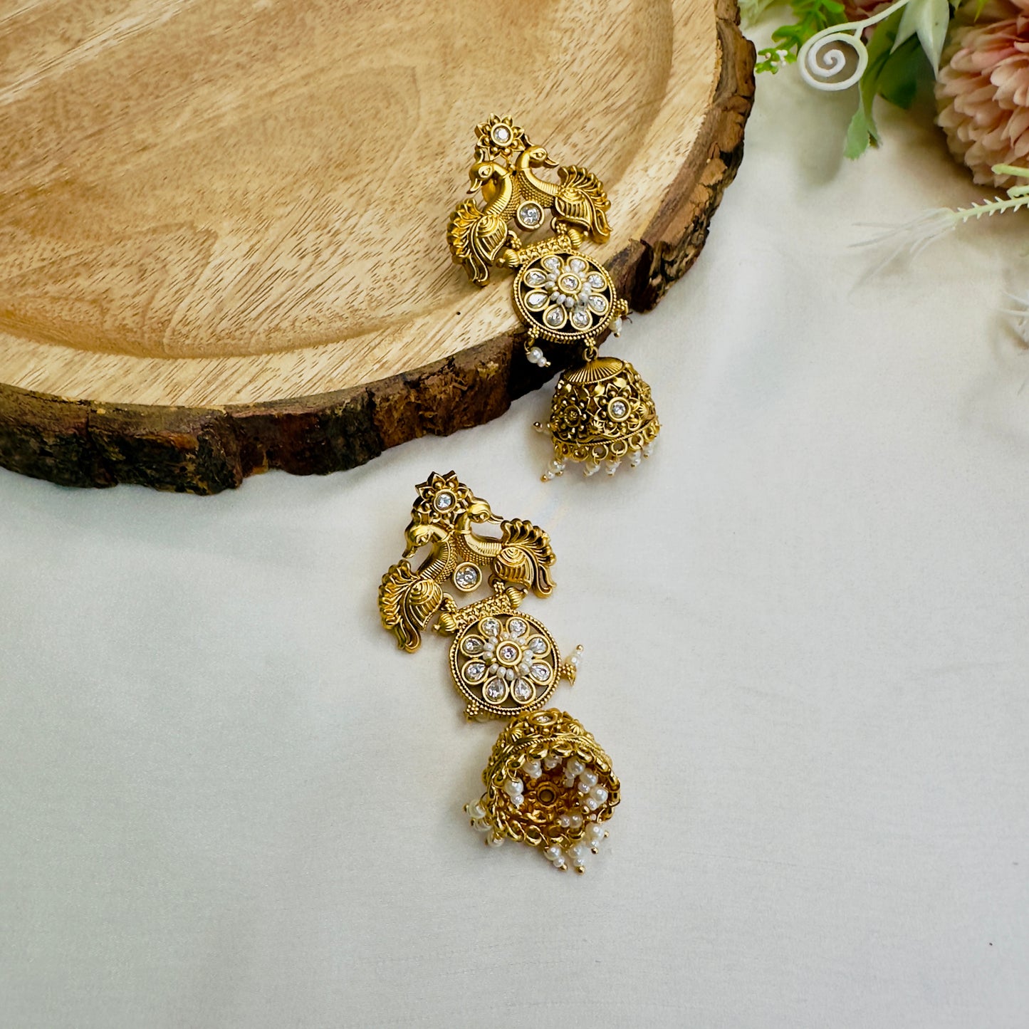 Peacock Design Rajwadi Polish Jhumki Earrings