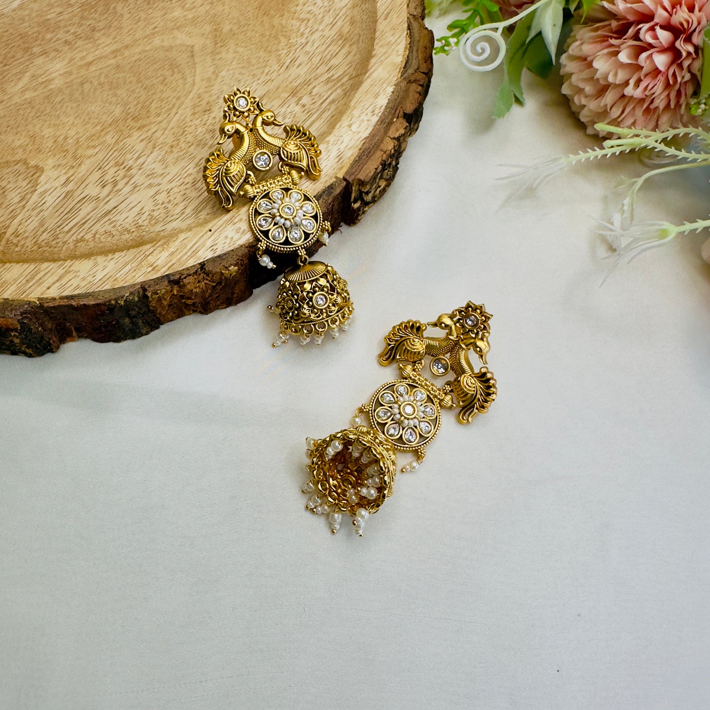 Peacock Design Rajwadi Polish Jhumki Earrings