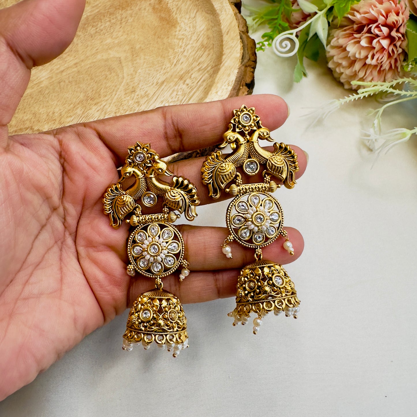 Peacock Design Rajwadi Polish Jhumki Earrings