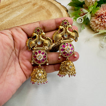 Peacock Design Rajwadi Polish Jhumki Earrings