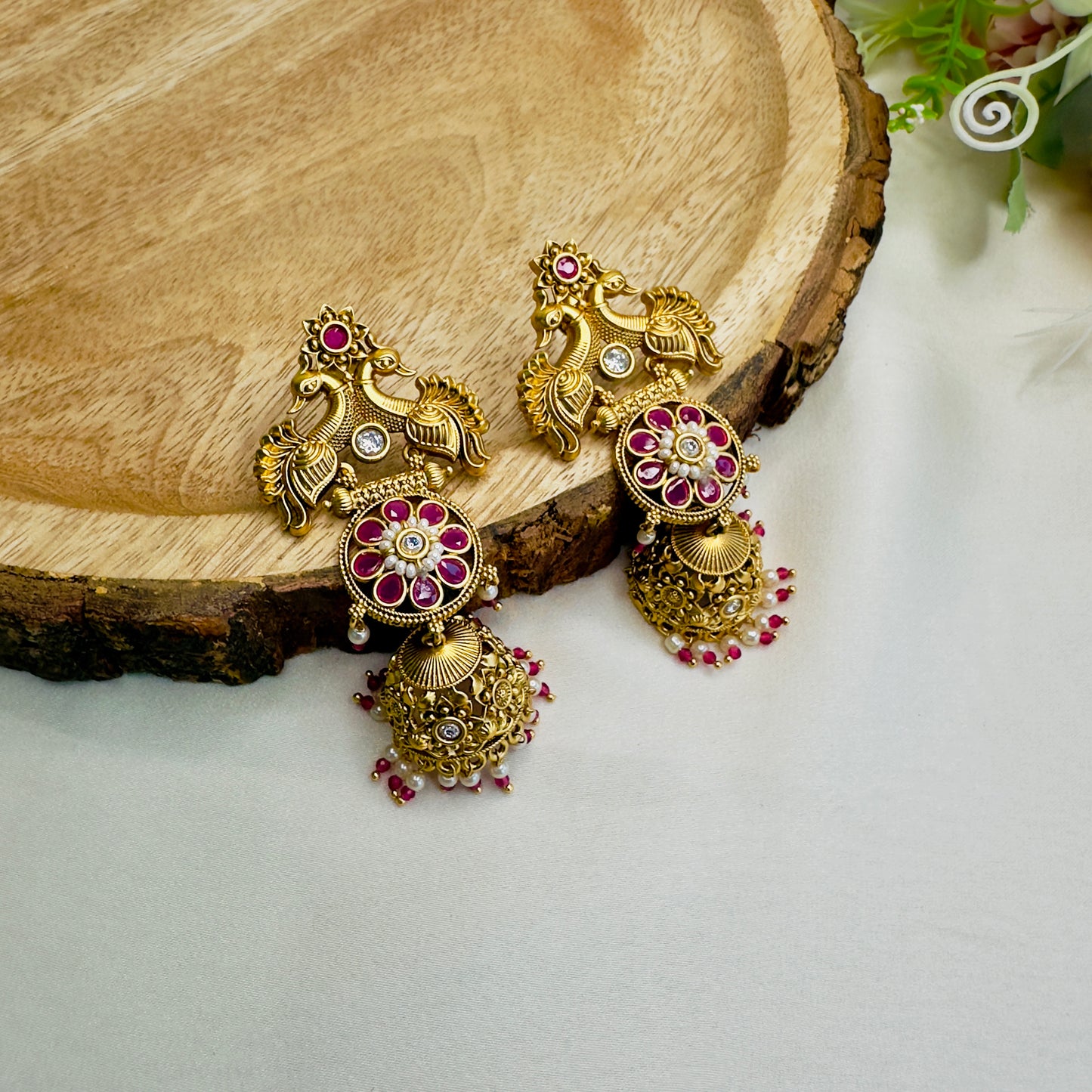 Peacock Design Rajwadi Polish Jhumki Earrings
