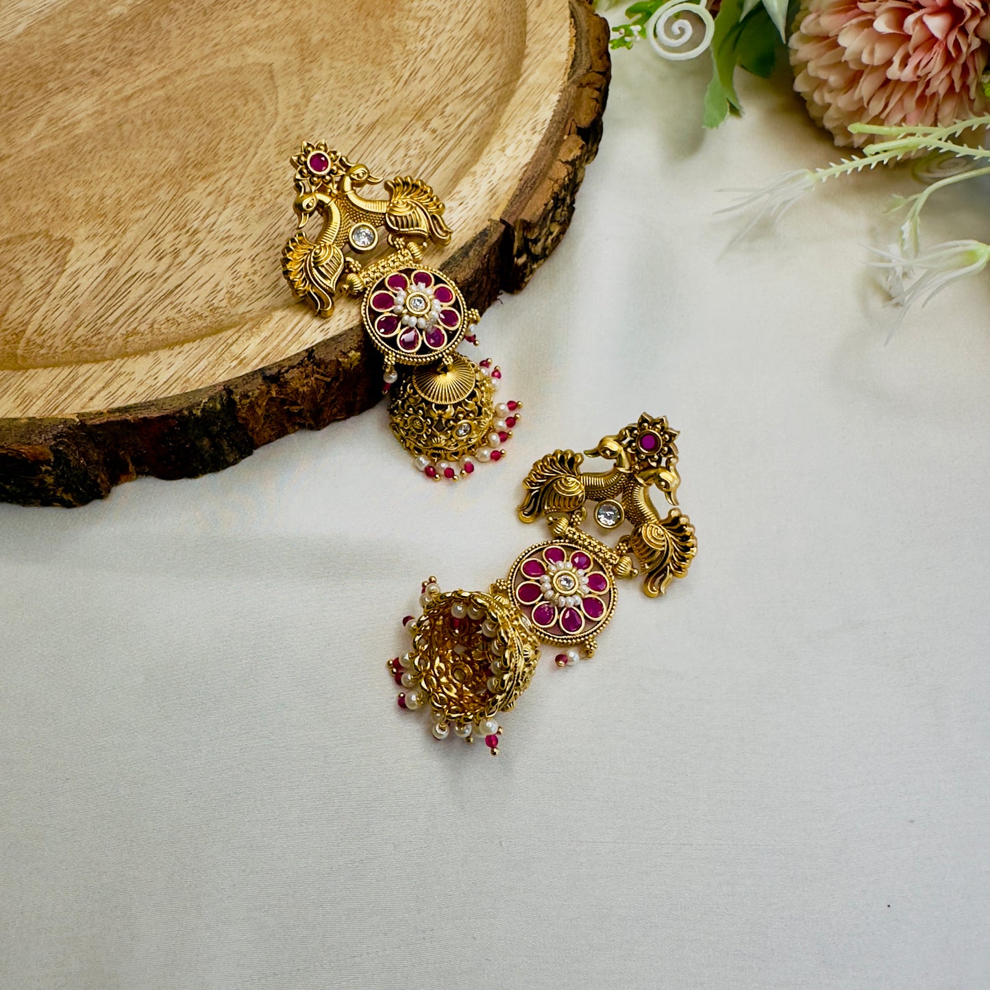 Peacock Design Rajwadi Polish Jhumki Earrings