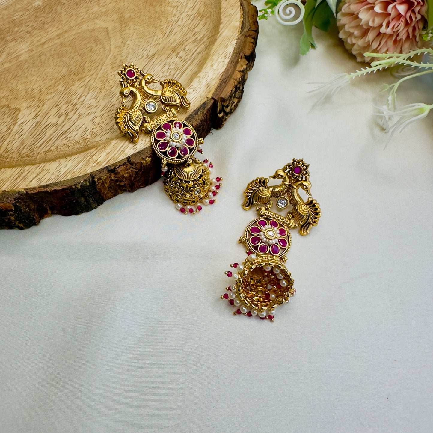 Peacock Design Rajwadi Polish Jhumki Earrings