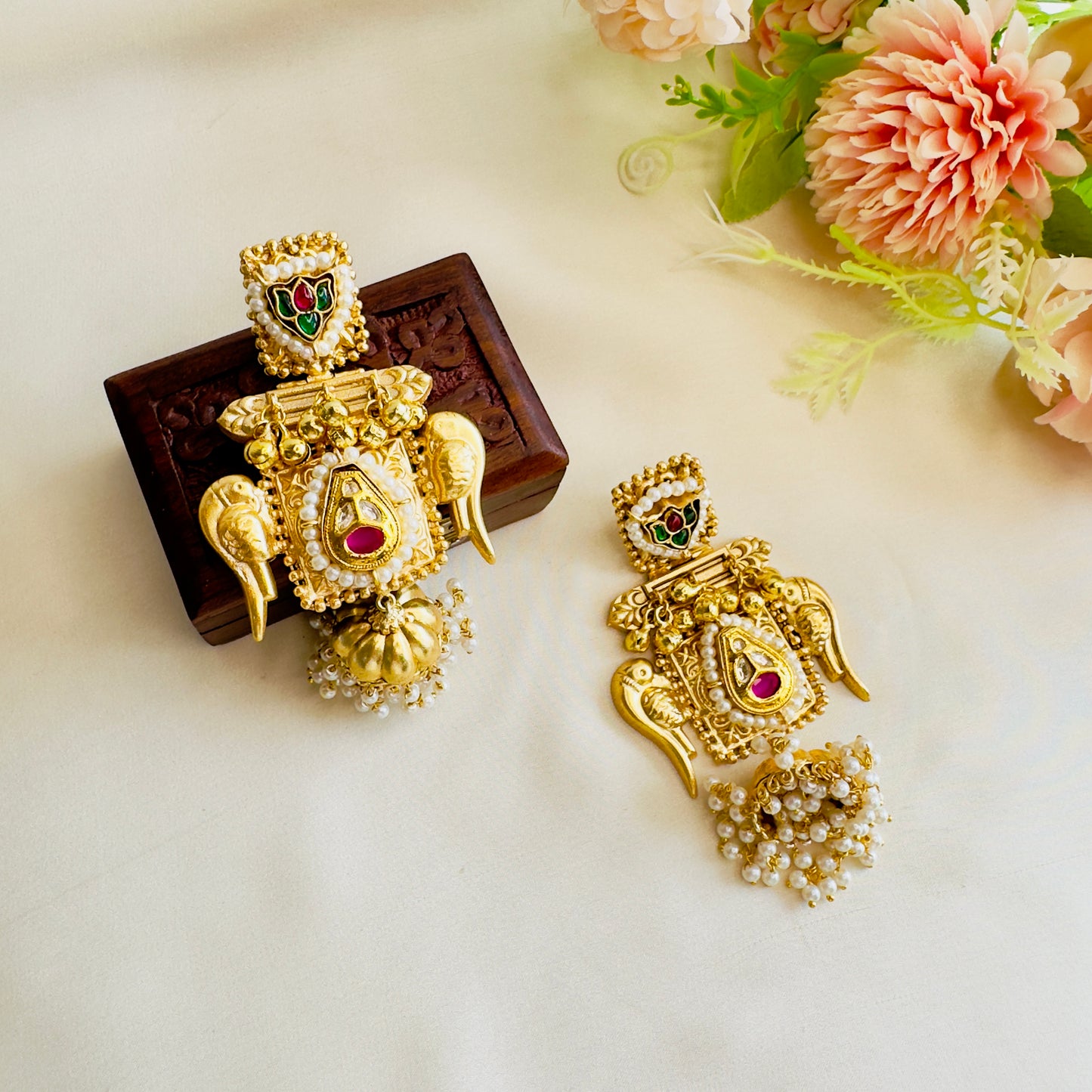 Bird Motif Golden jhumka Earrings