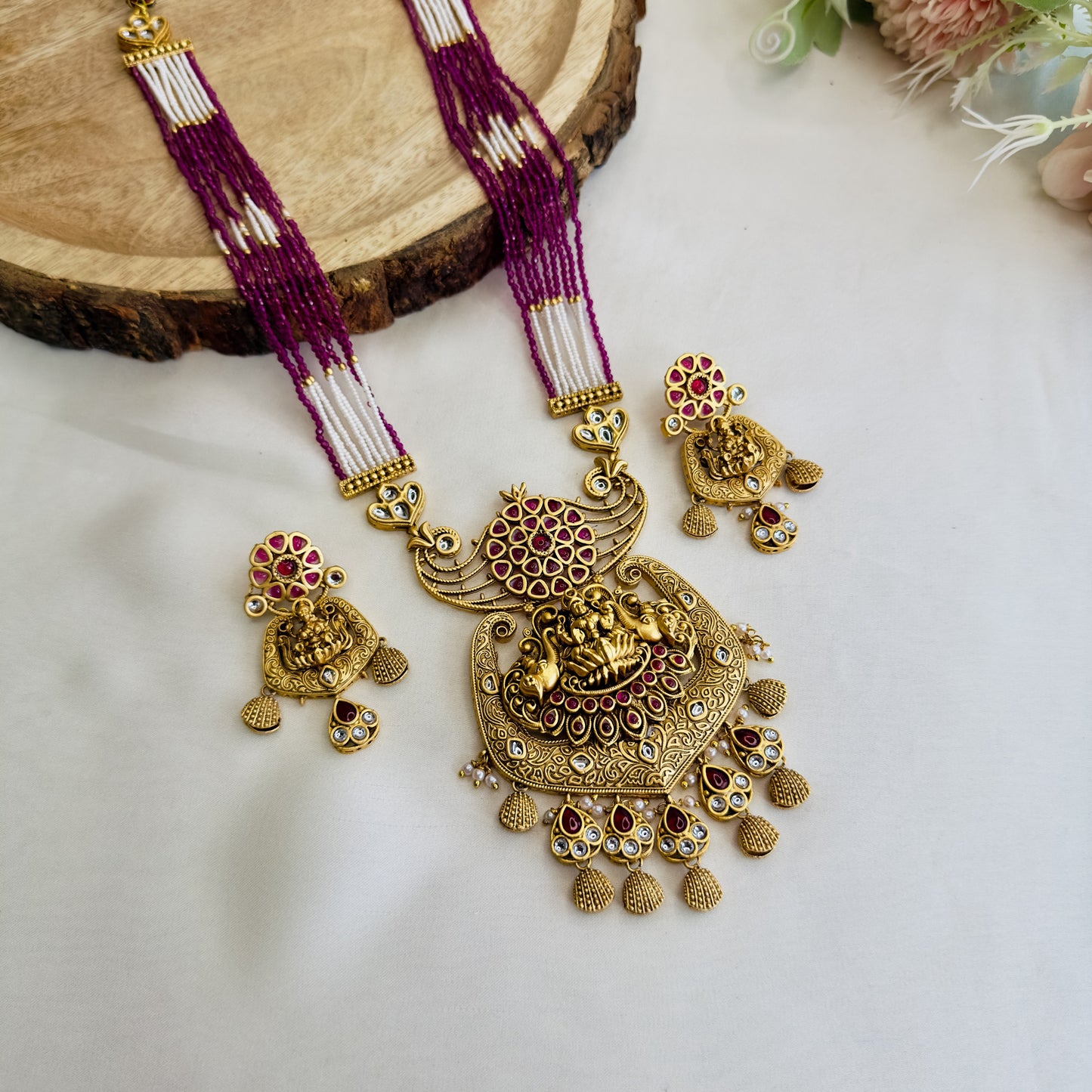 Ruby White Laxmi Ji Motif Long Necklace Set